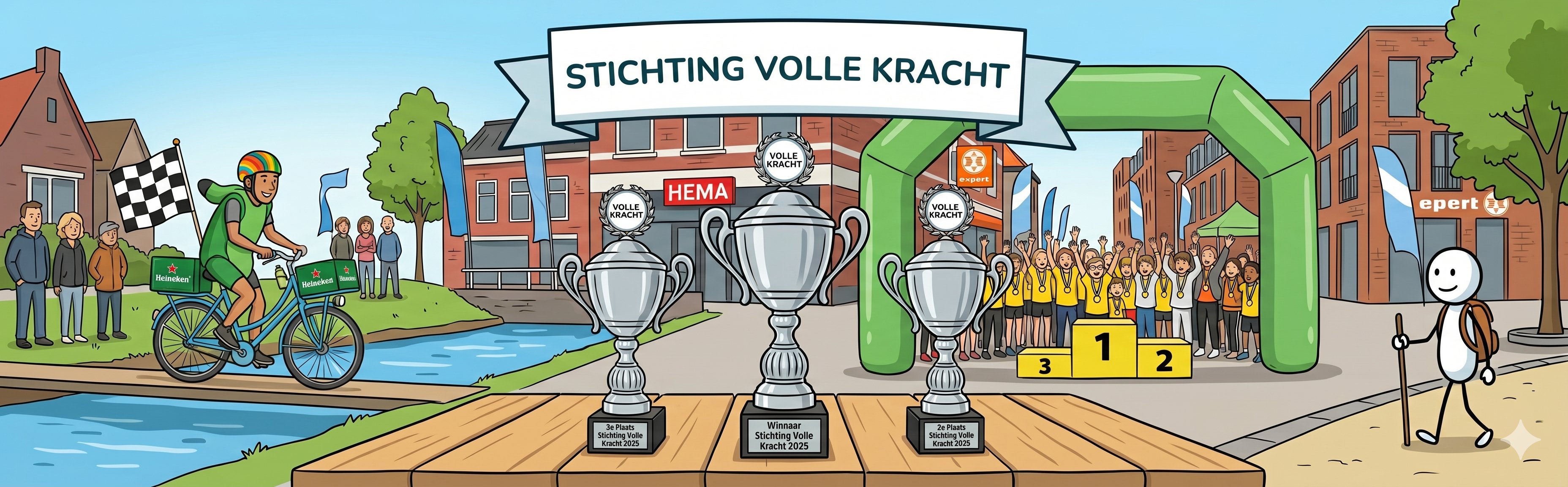 Stichting Volle Kracht — illustratie van het evenement met podium, fietser en deelnemers in Delfzijl